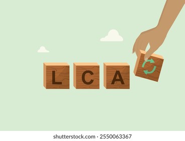 LCA Life Cycle Assessment Environmental Analysis Concept. wooden blocks spelling LCA with recycling symbol, representing life cycle assessment and environmental impact analysis. ISO LCA. Vector