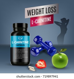 L-Carnitine ads. Vector realistic illustration of cans with capsules with cellulose of strawberry and green apple. Poster with product and sports equipment.
