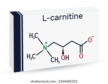 L-carnitine, Levocarnitine, Carnitine, C7H15NO3 molecule. Skeletal chemical formula. Paper packaging for drugs. Vector illustration