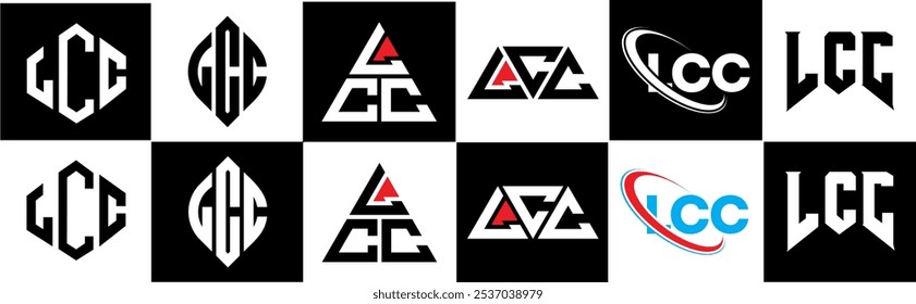 LCC letter logo design in six style. LCC polygon, circle, triangle, hexagon, flat and simple style with black and white color variation letter logo set in one artboard. LCC minimalist and classic logo