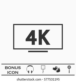 LCD 4k icon flat. Black pictogram on white background. Vector illustration symbol and bonus button