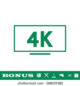 LCD 4k icon flat. Green pictogram on white background. Vector illustration symbol and bonus button