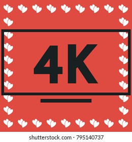 LCD 4k icon flat. Simple black pictogram on red background with white hearts for valentines day. Vector illustration symbol