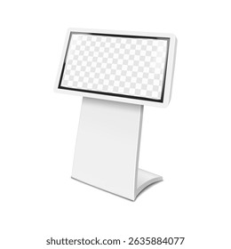 LCD computer monitor TV stand. 3d mockup. Video digital display billboard banner or interactive touch screen self-service kiosk on metal base. Realistic vector mock-up. Easy editable template