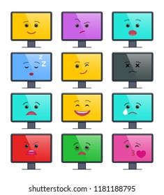 Lcd display with funny emoticons isolated set. Digital device emoji symbols in flat style. Social communication and chatting vector elements. Computer monitor with different facial expressions.