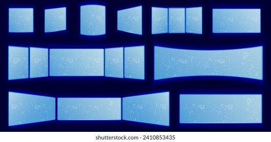 Pantalla LCD con luces de neón brillantes. Proyección horizontal horizontal de pantalla LED aislada por vectores. Panel de puntuación digital con lámparas de diodo para estadio, decoración de discoteca, panel de tv para pared