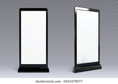 Pantalla LCD para publicidad exterior aislada en fondo transparente. Ilustración vectorial realista de pantalla LED en blanco en marco negro brillante, simulación de banner de información, equipo de promoción comercial