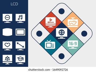 lcd Symbol gesetzt. 13 gefüllte LCD-Symbole.  Einfache, moderne Symbole wie: Fernsehen, Monitor, Bildschirm