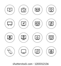 Lcd icon set. collection of 16 outline lcd icons with computers, screen, smart tv icons.