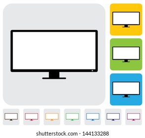 LCD or LED flat TV(television) screen- simple vector graphic. The illustration has simple colorful icons on green,orange & blue backgrounds & is useful for websites,blogs,documents,printing,etc