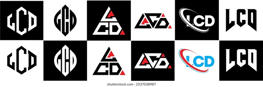 LCD letter logo design in six style. LCD polygon, circle, triangle, hexagon, flat and simple style with black and white color variation letter logo set in one artboard. LCD minimalist and classic logo