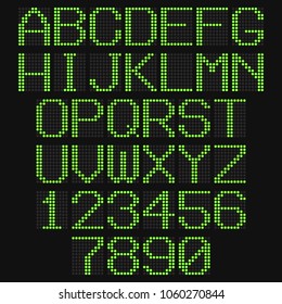 LCD letters and numbers for a electronic devices. Digital glowing figures. Electronic scoreboard. Vector illustration.