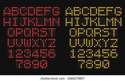 LCD Letters And Numbers For A Electronic Devices. Digital Glowing Figures. Electronic Scoreboard. Vector Illustration.