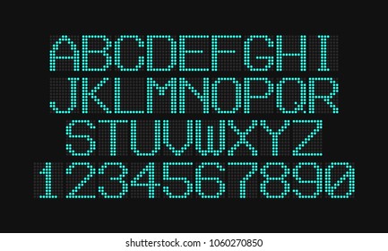 LCD Letters And Numbers For A Electronic Devices. Digital Glowing Figures. Electronic Scoreboard. Vector Illustration.