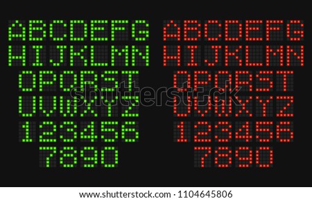 LCD letters and numbers for a electronic devices. Digital glowing figures. Electronic scoreboard. Vector illustration.