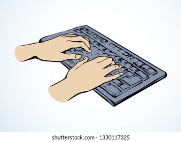 Lcd macbook keypad on white table desk backdrop. Black line drawn led netbook. Www social data key icon sign sketch in modern art style on pad space for text. Close up male palm push above top view