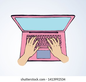 Lcd macbook keypad on white table desk backdrop. Black line drawn led netbook. Www social data key logo sign sketch in modern art doodle style on pad space for text. Close up girl push above top view