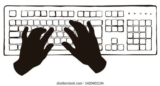 Lcd macbook keypad on white table desk background. Black line drawn led netbook logo. Www social data key emblem sign sketch in modern art style on pad space to text. Close up palm push above top view