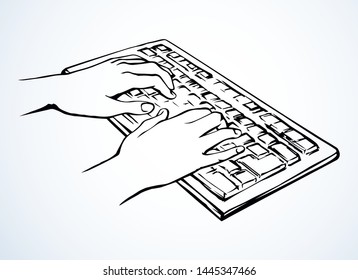 Lcd macbook keypad on white table desk backdrop. Black line drawn led netbook. Www social data key logo sign sketch in modern art doodle style on pad space for text. Close up palm push above top view
