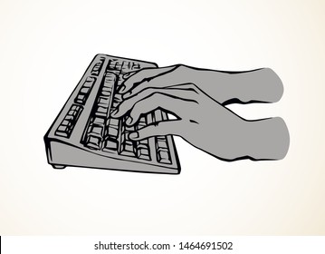 Lcd macbook keypad on white table desk backdrop. Black line drawn led netbook. Www social data key logo sign sketch in modern art doodle style on pad space for text. Close up palm push above top view