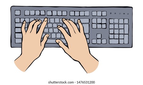 Lcd macbook keypad on white table desk backdrop. Black line drawn led netbook. Www social data key icon sign sketch in modern art style on pad space for text. Close up girl palm push above top view