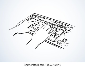 Lcd macbook keypad on white table desk backdrop. Black line drawn led netbook. Www social data key icon sign sketch in modern art doodle style on pad note text space. Close up palm push above top view