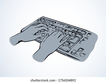 Lcd macbook keypad on white table desk backdrop. Black line drawn led netbook. Www social data key icon sign sketch in modern art doodle style on pad space for text. Close up palm push above top view