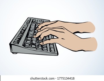 Lcd macbook keypad on white table desk backdrop. Black line drawn led netbook. Www social finance data key icon sign sketch in modern art style pad text space. Close up girl palm push above top view