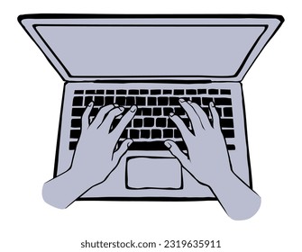 Lcd macbook keypad on white table desk backdrop. Black line drawn led netbook. Www social data key icon sign sketch in modern art doodle style on pad space for text. Close up palm push above top view