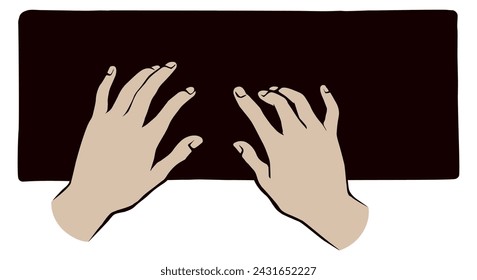 Lcd macbook keypad on white table desk background. Black line drawn led netbook. Www social data key icon sign sketch in modern art style on pad space for text. Close up palm push above top view