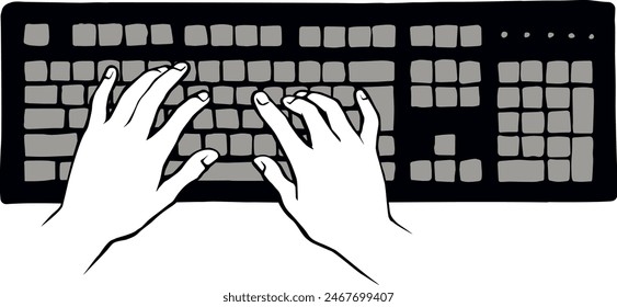 Lcd macbook keypad on white table desk background. Black line drawn led netbook. Www social data key icon sign sketch in modern art style on pad space for text. Close up palm push above top view