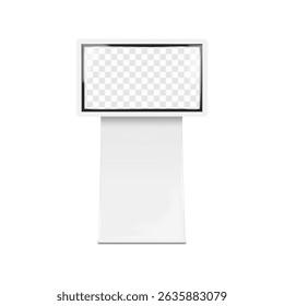 LCD monitor TV stand. Front view. 3d mockup. Video digital display billboard banner or interactive touch screen self-service kiosk on metal base. Realistic vector mock-up. Easy editable template