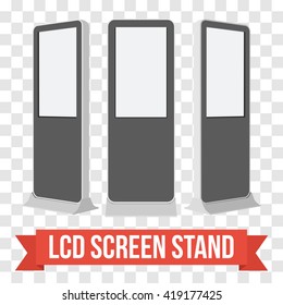 LCD Screen Floor Stand. Black Trade Show Booths with different angles. Vector illustration of kiosk machines on transparent background. Ad template for your expo design with ribbon banner text.