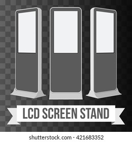 LCD Screen Floor Stand. Black Trade Show Booths with different angles. Vector illustration of kiosk machines on black transparent background. Ad template for your expo design with ribbon banner text.
