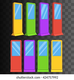LCD Screen Floor Stand. Color Trade Show Booths with different angles. Vector illustration of kiosk machines on black transparent background. Ad template for your expo design with ribbon banner text.