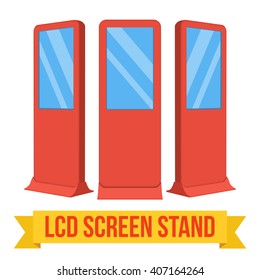 LCD Screen Floor Stand. Red Trade Show Booths with different angles. Vector illustration of kiosk machines isolated on white background. Ad template for your expo design with ribbon banner text.