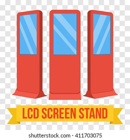 LCD Screen Floor Stand. Red Trade Show Booths with different angles. Vector illustration of kiosk machines on transparent background. Ad template for your expo design with ribbon banner text.