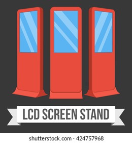 LCD Screen Floor Stand. Red Trade Show Booths with different angles. Vector illustration of kiosk machines on black background. Ad template for your expo design with ribbon banner text.