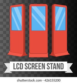 LCD Screen Floor Stand. Red Trade Show Booths with different angles. Vector illustration of kiosk machines on black transparent background. Ad template for your expo design with ribbon banner text.