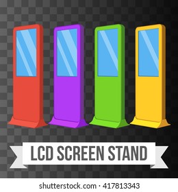 LCD Screen Floor Stands. Colored Trade Show Booths. Vector illustration of kiosk machines on black transparent background. Ad template for your expo design with ribbon banner text.