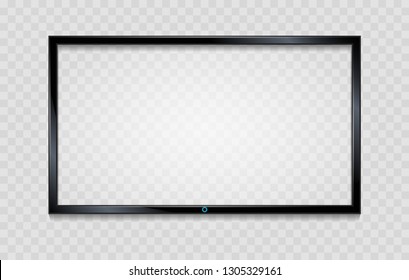 Lcd screen frame. Blank tv frame with reflective screen isolated on transparent, vector empty glass monitor with reflection