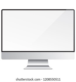 LCD screen isolated on background. White glossy monitor, vector illustration. Modern PC sleek display.