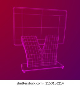 LCD Screen Stand. Trade Show Booth. Tv info kiosk wireframe low poly mesh vector illustration