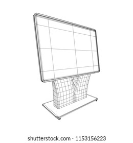 LCD Screen Stand. Trade Show Booth. Tv info kiosk wireframe low poly mesh vector illustration