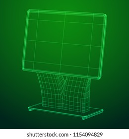 LCD Screen Stand. Trade Show Booth. Tv info kiosk wireframe low poly mesh vector illustration