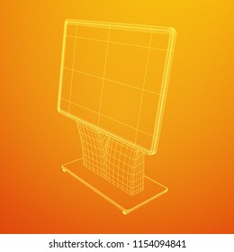 LCD Screen Stand. Trade Show Booth. Tv info kiosk wireframe low poly mesh vector illustration