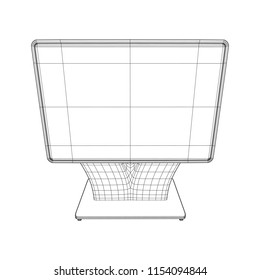 LCD Screen Stand. Trade Show Booth. Tv info kiosk wireframe low poly mesh vector illustration