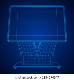 LCD Screen Stand. Trade Show Booth. Tv info kiosk wireframe low poly mesh vector illustration