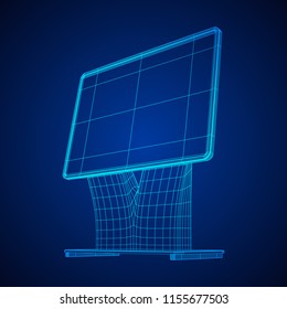 LCD Screen Stand. Trade Show Booth. Tv info kiosk wireframe low poly mesh vector illustration