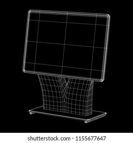 LCD Screen Stand. Trade Show Booth. Tv info kiosk wireframe low poly mesh vector illustration